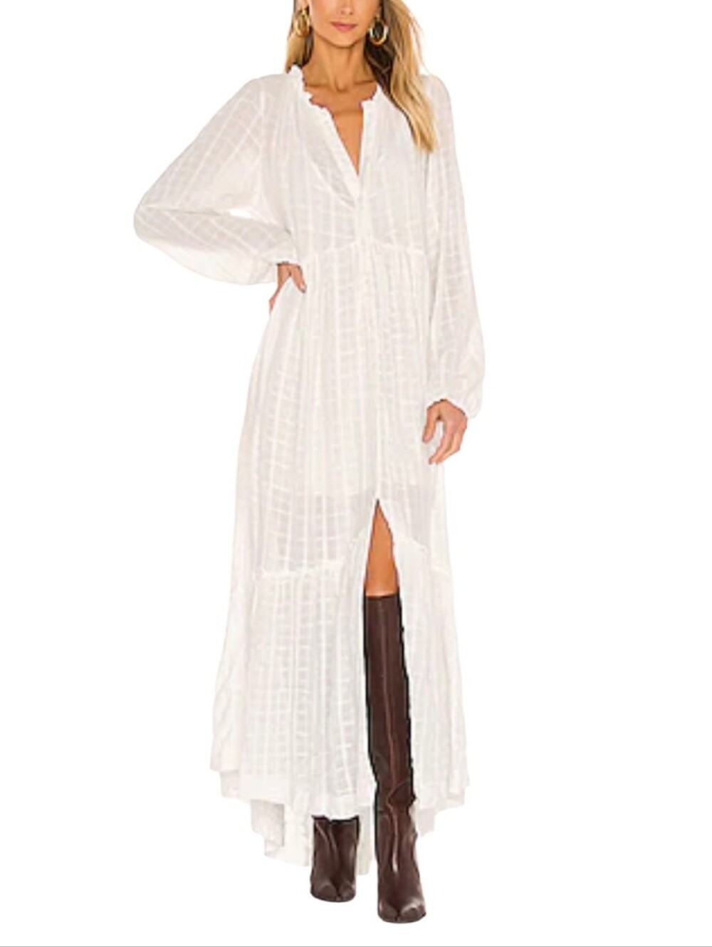 Free People Edie Dress Tiered Button-Front Maxi Check Textured Ivory